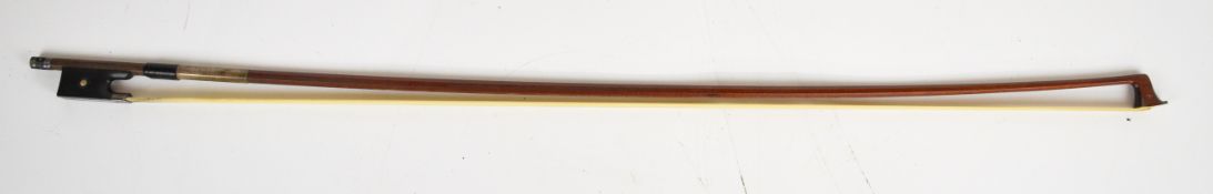 German violin bow stamped W.E. Dorfler with hexagonal stick, silver ferrule, mother of pearl