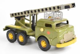 Gama Toys friction driven tinplate missile launcher, length 30cm.