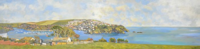 Joan Van Belkum (1928-2014) acrylic on board of the Fowey estuary looking to Polruan, signed lower