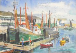 Watercolour fishing boats and figures in a harbour, indistinctly signed Fox, 22 x 29cm, in gilt