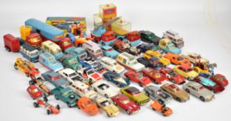 Fifty vintage Corgi Toys diecast model cars, vans and trucks to include James Bond's Aston Martin