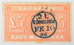 1882 £5 orange stamp cancelled with Edinburgh circular date stamp, pull perf left hand side of