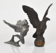 Bronze car mascot formed as an eagle on a ball, possibly Case, height 13.5cm, together with a chrome