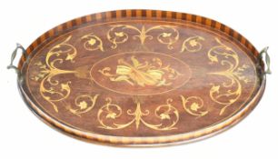 Edwardian inlaid mahogany twin handled tray with mandolin / musical decoration, W57 x 39cm