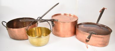Three 19thC copper saucepans, two with lids, together with a brass jam pan, largest diameter 35cm