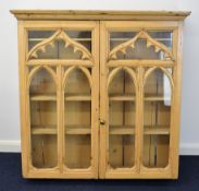 19thC glazed pine display cabinet with hanging fixings verso, W113 x D26 x H111cm Provenance: