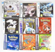Nine Pokémon related empty computer game boxes for Nintendo DS, Game Boy Advance and Game Boy