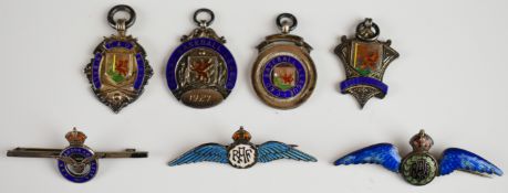 Group of four hallmarked silver and enamel Baseball medals comprising Welsh Baseball League enamel