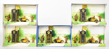 Five Dinky Toys AA set No. 44, each containing motorcycle with sidecar, tinplate hut and two