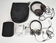 Two pairs of over ear noise cancelling headphones comprising Sony MDR-1R and AKG K451, both in