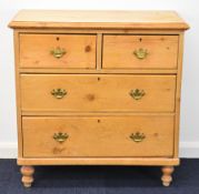 Victorian pine bachelor's chest of two over two drawers raised on turned legs, W83 x D39 x H86cm