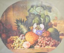 Early 19thC oil on canvas still life of flowers and fruit, in bird's eye maple and gilt cushion
