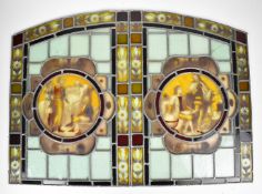 Two stained glass panels with central figural historical decoration, 56 x 40cm