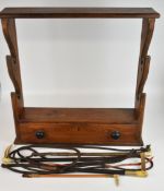 19th/20thC pine whip / stick stand with single drawer with four whips / crops, one engraved 1862,