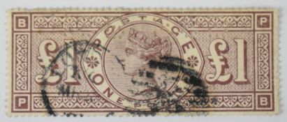 1884 £1 brown lilac stamp with watermark orbs, duplex cancellation and perfin
