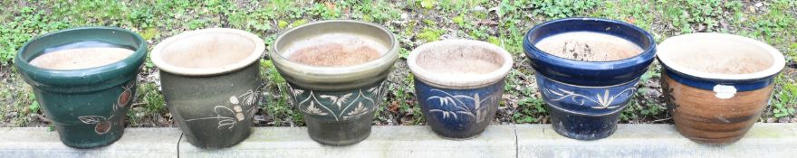 Six coloured jardinieres / garden planters with floral decoration, largest D35 x H28cm