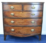 Victorian string inlaid mahogany bow fronted chest of two over three graduated drawers with