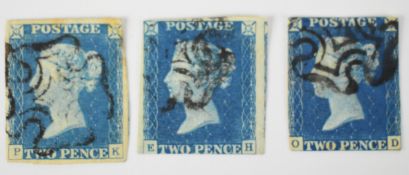 Three 1840 2d blue stamps all with black Maltese cross, one stamp (PK) has three and half margins,