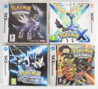 Four Pokemon Nintendo DS and 3DS games comprising Diamond, Platinum, Black Version 2 and X.