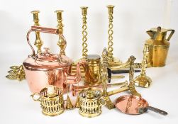 Brass and copperware including teapot, hunting horn, 19thC fire irons, two pairs of candlesticks,