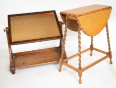 Small 19thC oak drop leaf table with barley twist supports (length 40cm) and a swing frame mirror