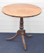 18th /19thC burr walnut circular breakfast / side table raised on a triform base, diameter 70 x