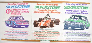 Three vintage Silverstone car racing posters comprising BRDC bank holiday championship races (