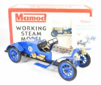 Mamod LM1 live steam model LeMans racing car with twin cylinder oscillating engine and blue body,