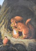 Oil on canvas pair of red squirrels feeding as a bullfinch looks on, after the painting by Sir Edwin