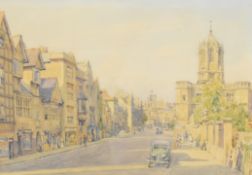 Bernard Gotch (1876-1940) watercolour Oxford high street, signed lower right, 26 x 37cm, in beech or