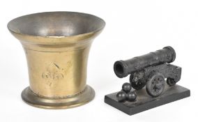 18th / 19thC bronze mortar with fleur de lys decoration and a Russian cast metal cannon, tallest