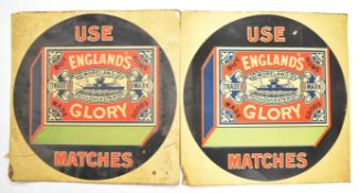 Two vintage 'Use England's Glory Matches' advertising signs for Morelands, Gloucester, 56 x 56cm