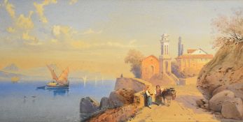 Thomas Leeson Rowbotham RA (1823-1875) watercolour figures and donkey beside the sea with sailing