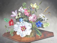John Lancaster (1913-1984) oil on board still life basket of flowers on an octagonal table, signed