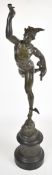 Bronze figure of Mercury on a Zephyr wind, raised on a plinth with relief moulded decoration, H86cm