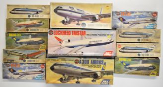 Twelve Airfix 1:144 scale plastic model civil aviation aeroplane kits to include A300B Airbus
