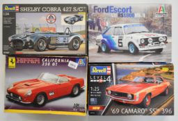 Four Italeri and Revell 1:24 scale plastic model sports car kits comprising Ford Escort RS1800 Mk.