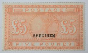 1882 £5 orange MM stamp (SG1335), over printed specimen with pin hole