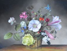 John Lancaster (1913-1984) oil on board still life basket of flowers, signed and dated 1964 lower