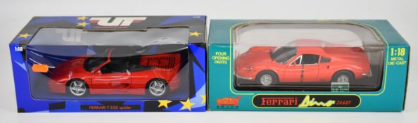 Two 1:18 scale diecast model Ferrari sports cars by Anson and UT Models comprising Dino 246 GT and