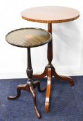 Two inlaid side tables raised on tri-form legs, largest diameter 38 x H64cm