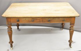 19thC scrubbed pine and oak two drawer farmhouse / kitchen table raised on turned legs and ceramic