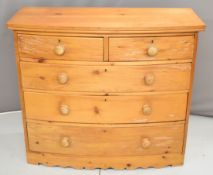 19thC pine bow fronted chest of two over three graduated drawers, W113 x D49 x H97cm