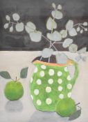 Kate Loveday oil on board still life eucalyptus in a jug with fruit, signed, titled and dated 2015
