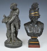 Neoclassical bronze bust impressed 'Roma' to rear of base, and a spelter figure of a grape