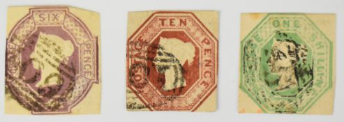 1847-54 embossed stamps set of three, all cut square, 6d and 1/- have two margins, 10d has one