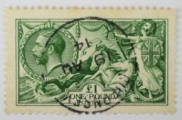 King George V 1913 £1 green stamp (SG403) very fine used, with Chertsey 19 AU 14 postmark