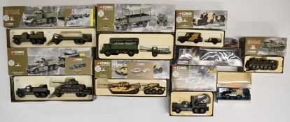Nine mostly Corgi diecast model military vehicles, all boxed.