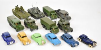 Fourteen Dinky Toys diecast model cars and military vehicles to include Studebaker, Town Sedan,