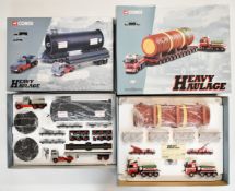 Two Corgi Heavy Haulage 1:50 scale diecast models comprising Heanor Haulage Volvo FH 4 Axle